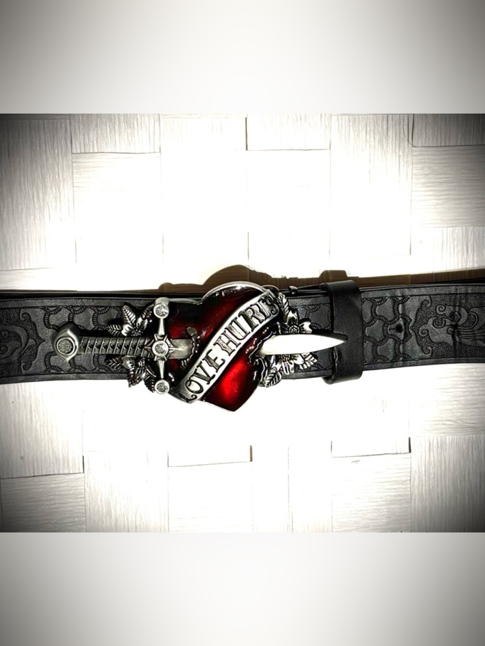 Black Men’s Belt with Red Accent Love Hurts Buckle. Size 42